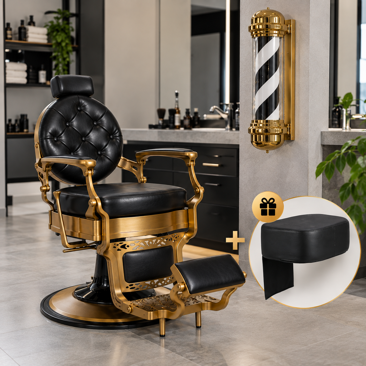 COMBO CADEIRA DE BARBEIRO CHECK G + BARBER POLE POL G / OFERTA ASSENTO INFANTIL